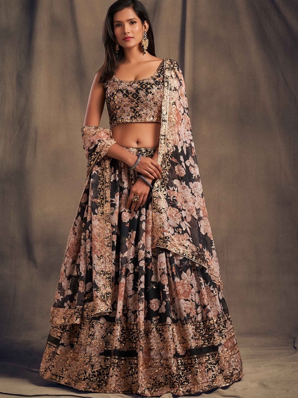 NWOT Black Organza Floral Digital Print Umbrella Lehenga Party Wear